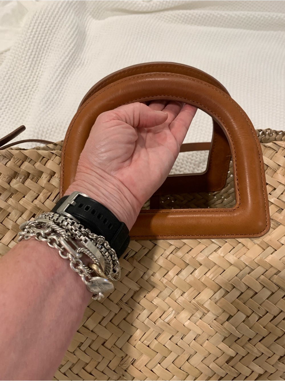 Woven Straw Tote Bag with Tan Leather Trim - Picture 2 of 10